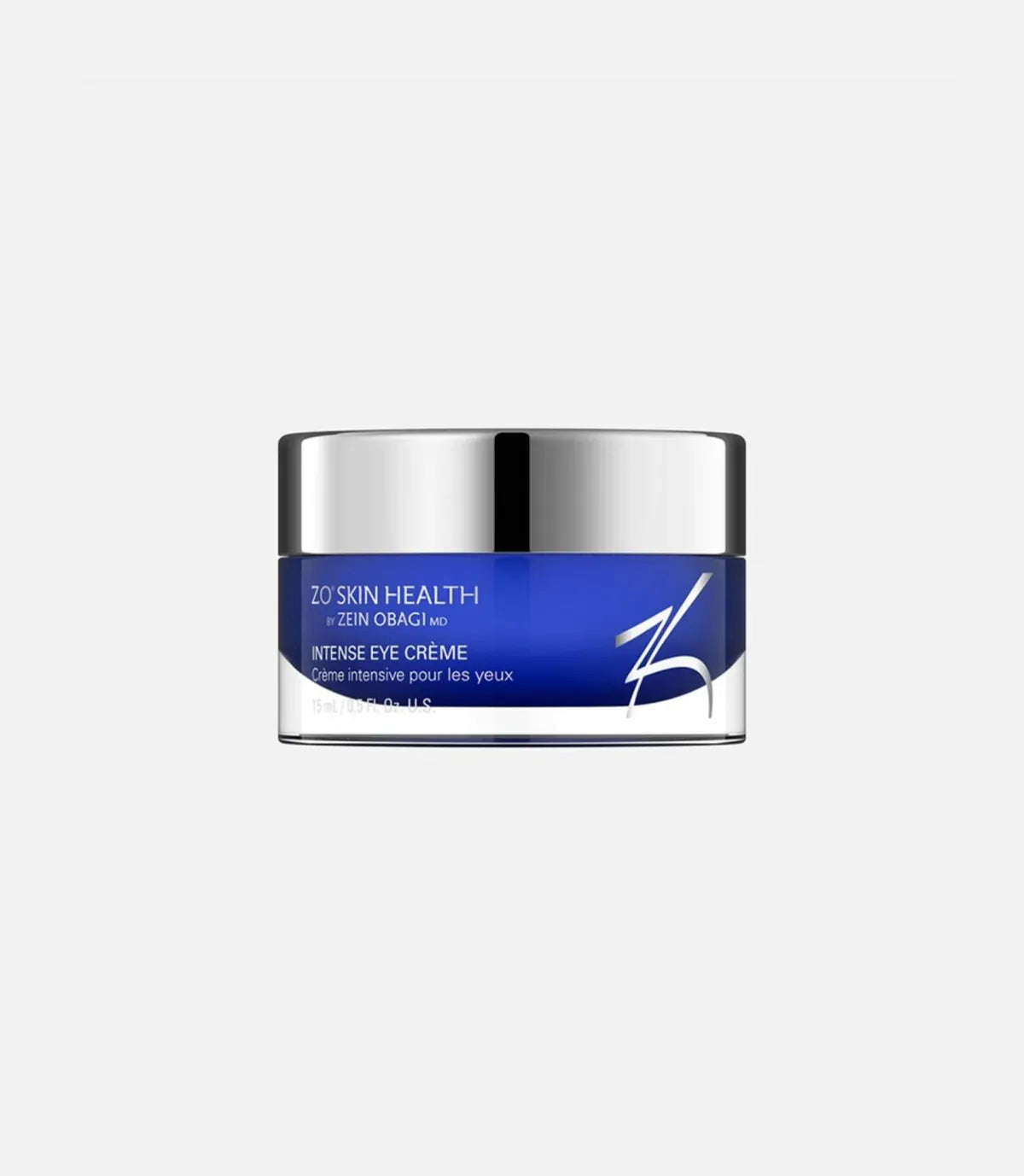 A blue and silver jar labeled "ZO Skin Health by Zein Obagi MD Intense Eye Crème, Crème intensive pour les yeux," sits against a plain white background.