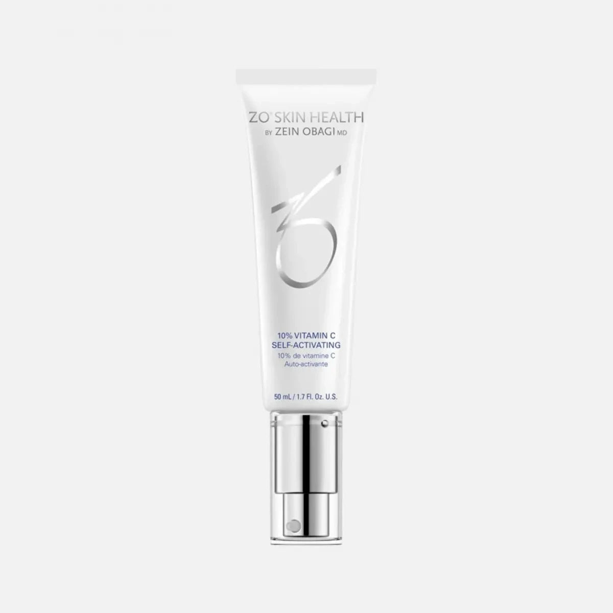 A white tube labeled "ZO SKIN HEALTH by ZEIN OBAGI MD" and "10% VITAMIN C SELF-ACTIVATING" with a silver dispensing pump, standing upright against a plain light grey background.