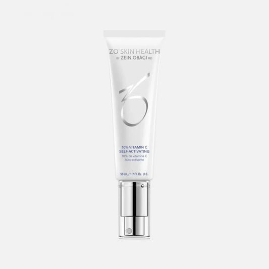 A white tube labeled "ZO SKIN HEALTH by ZEIN OBAGI MD" and "10% VITAMIN C SELF-ACTIVATING" with a silver dispensing pump, standing upright against a plain light grey background.
