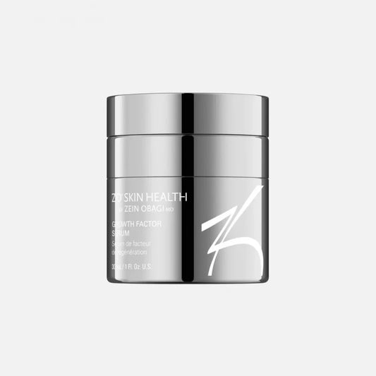 A sleek, metallic cylindrical container holds "ZO Skin Health Zein Obagi MD Growth Factor Serum" with 30 mL/1 fl. oz. capacity, centered against a plain white background.