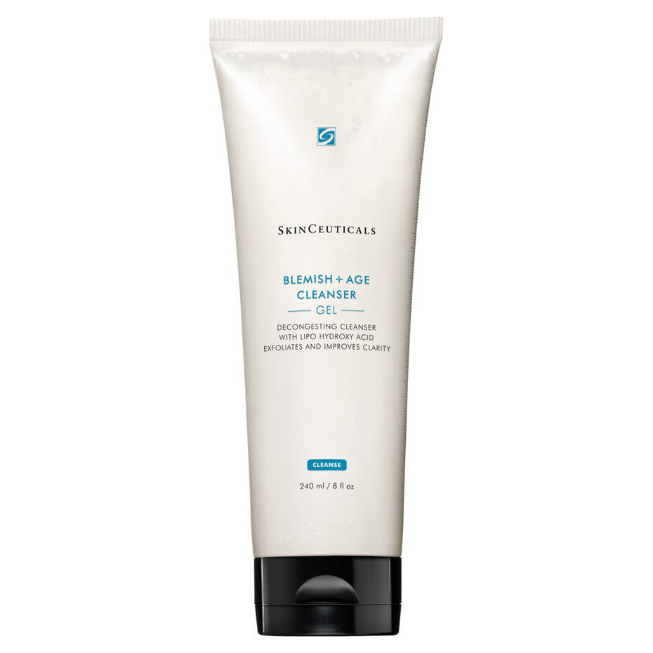 Tube of SkinCeuticals Blemish + Age Cleanser Gel standing upright on a white surface, featuring text: "SkinCeuticals Blemish + Age Cleanser Gel Decongestant cleanser with dioic acid Exfoliates and improves clarity," 240 ml (8 fl. oz.).