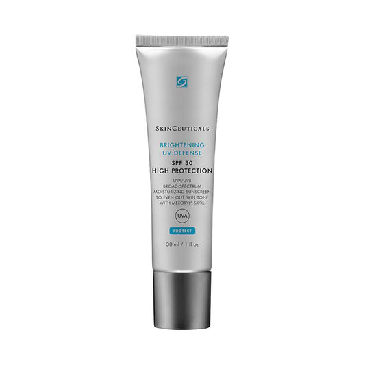 SkinCeuticals Brightening UV Defense SPF 30 Moisturizing Sunscreen in a silver tube with a metallic cap, containing 30 ml (1 fl oz). Text: "Broad-Spectrum Moisturizing Sunscreen to Even Out Skin Tone with MEXORYL SX&XL".