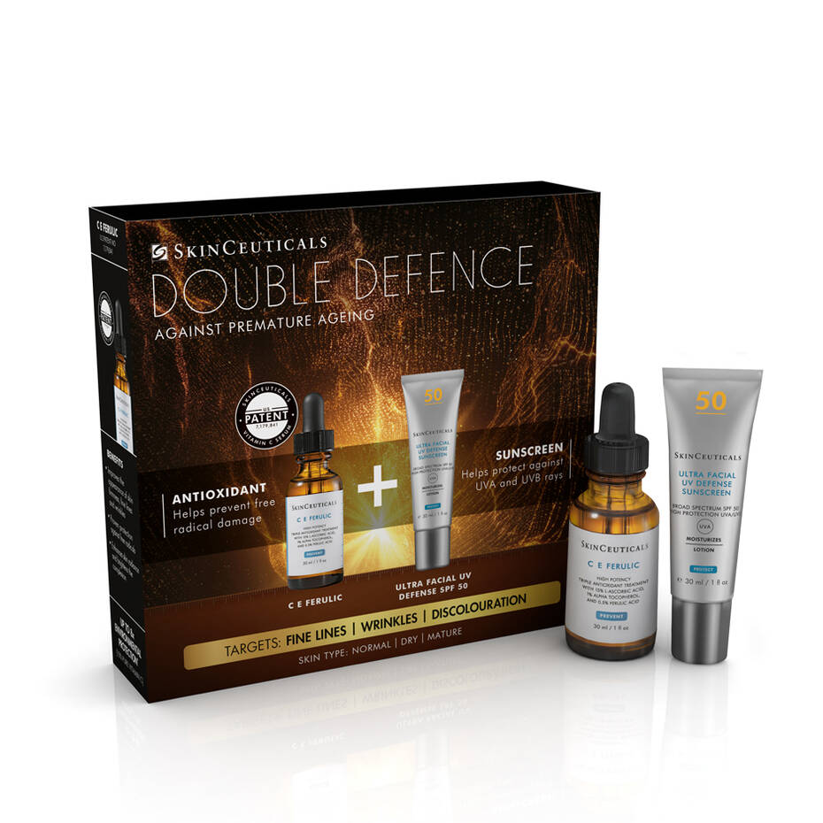 Box labeled "Skinceuticals Double Defence Against Premature Ageing" containing antioxidant serum and sunscreen; products are displayed in a white background with text highlighting anti-ageing and protective benefits.
Text:
"Antioxidant - helps prevent free radical damage. C E Ferulic"
"Sunscreen - high UV protection. Ultra Facial UV Defense SPF 50"
"Targets: fine lines | wrinkles | discoloration"
Recommended for: normal | dry | mature"