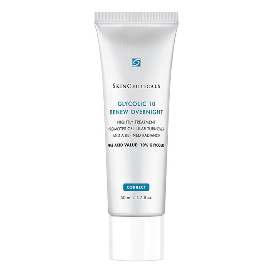 A white tube labeled "SkinCeuticals Glycolic 10 Renew Overnight" contains a nightly skin treatment. The text reads, "Promotes cellular turnover and a refined radiance. Free acid value: 10% glycolic. 50 ml / 1.7 fl oz." The tube is set against a plain white background.