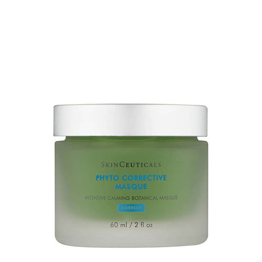 A green jar labeled "SkinCeuticals Phyto Corrective Masque Intensive Calming Botanical Masque CORRECT," with a white lid, in a plain white background. Volume indicated as "60 ml / 2 fl oz".