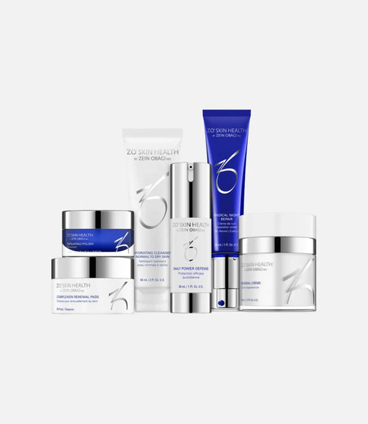 ZO Skin Health by Zein Obagi products sit on a white background, including bottles, tubes, and jars. Text includes "EXFOLIATING POLISH" and "COMPLEXION RENEWAL PADS" among others.