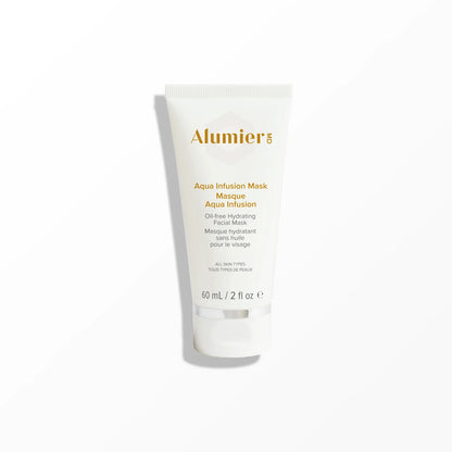 A white tube labeled "AlumierMD Aqua Infusion Mask" stands upright against a plain background. Text descriptions indicate it is a hydrating mask for all skin types, 60 ml / 2 fl oz.