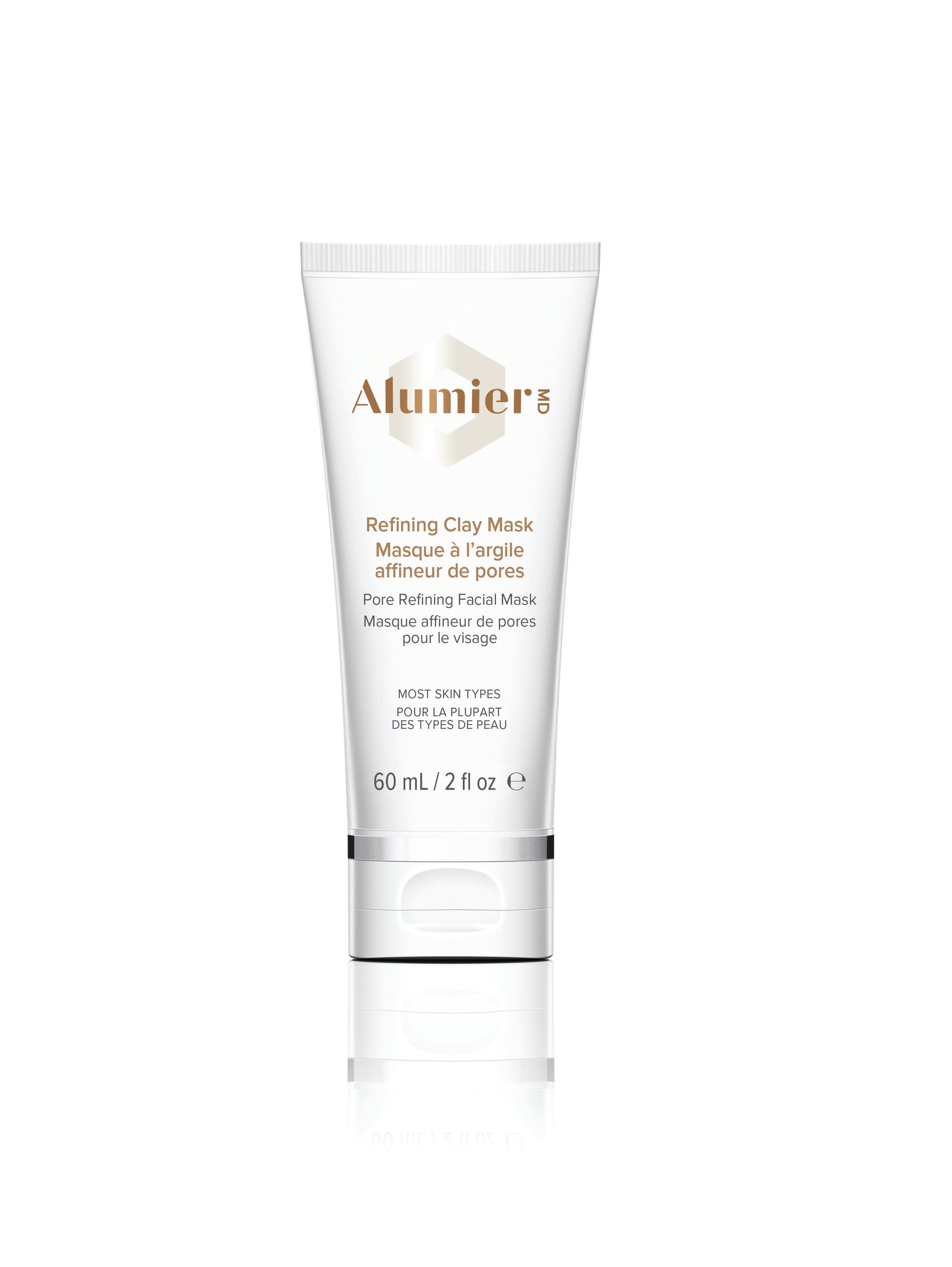 A white tube labeled "AlumierMD Refining Clay Mask Masque à l'argile affiner de pores Pore Refining Facial Mask Masque affineur de pores pour le visage MOST SKIN TYPES" with 60 mL / 2 fl oz capacity, depicted on a white background.