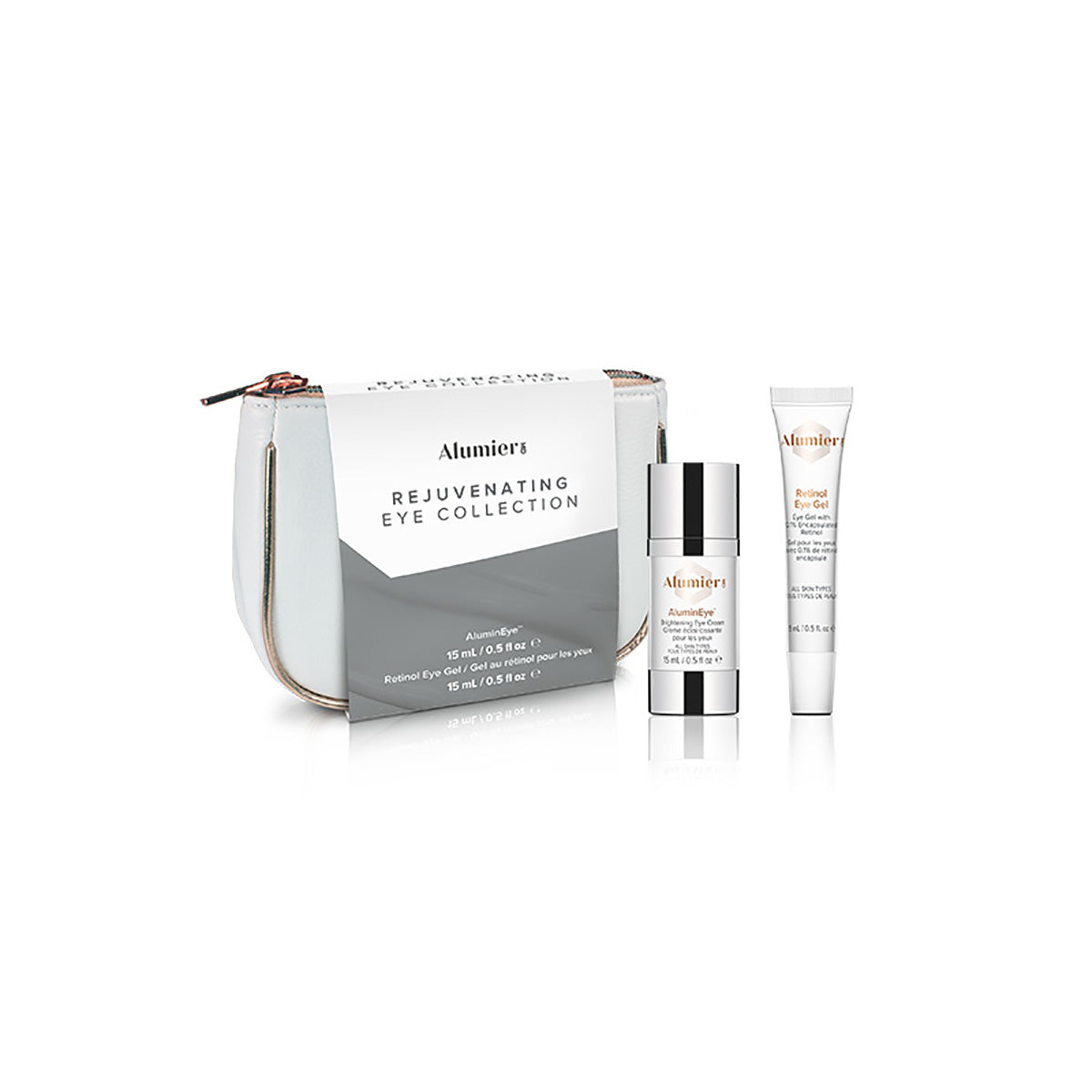 A white cosmetic pouch labeled "Alumier Rejuvenating Eye Collection" contains a small silver-capped bottle and a tube labeled "Retinol Eye Gel." The set is used for eye care.