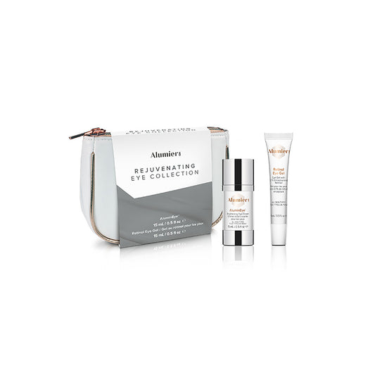 A white cosmetic pouch labeled "Alumier Rejuvenating Eye Collection" contains a small silver-capped bottle and a tube labeled "Retinol Eye Gel." The set is used for eye care.