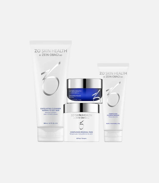 Three white cosmetic containers, labeled "ZO Skin Health by Zein Obagi MD," on a light gray background. Text on containers: "Exfoliating Cleanser 205 mL / 6.7 Fl. Oz.," "Exfoliating Polish Net Wt. 65g / 2.3 Oz.," "Complexion Renewal Pads 60 Pads / Tampons," "Complexion Clearing Masque Net Wt. 85g / 3.0 Oz."