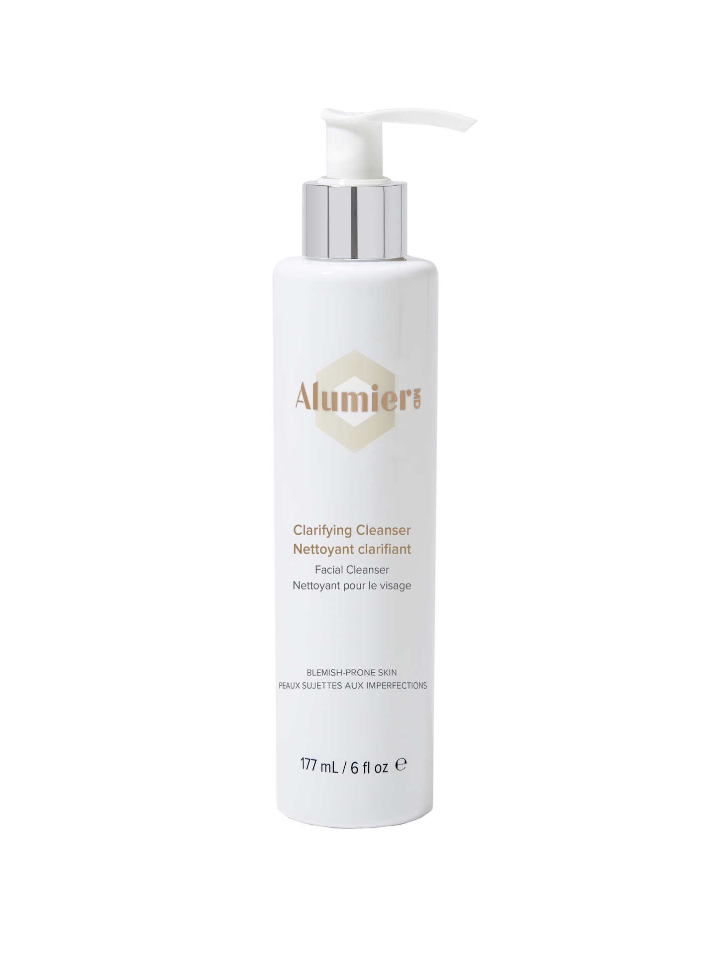 A white bottle with a pump dispenser labeled "AlumierMD Clarifying Cleanser" for blemish-prone skin, containing 177 mL. Context: neutral background.