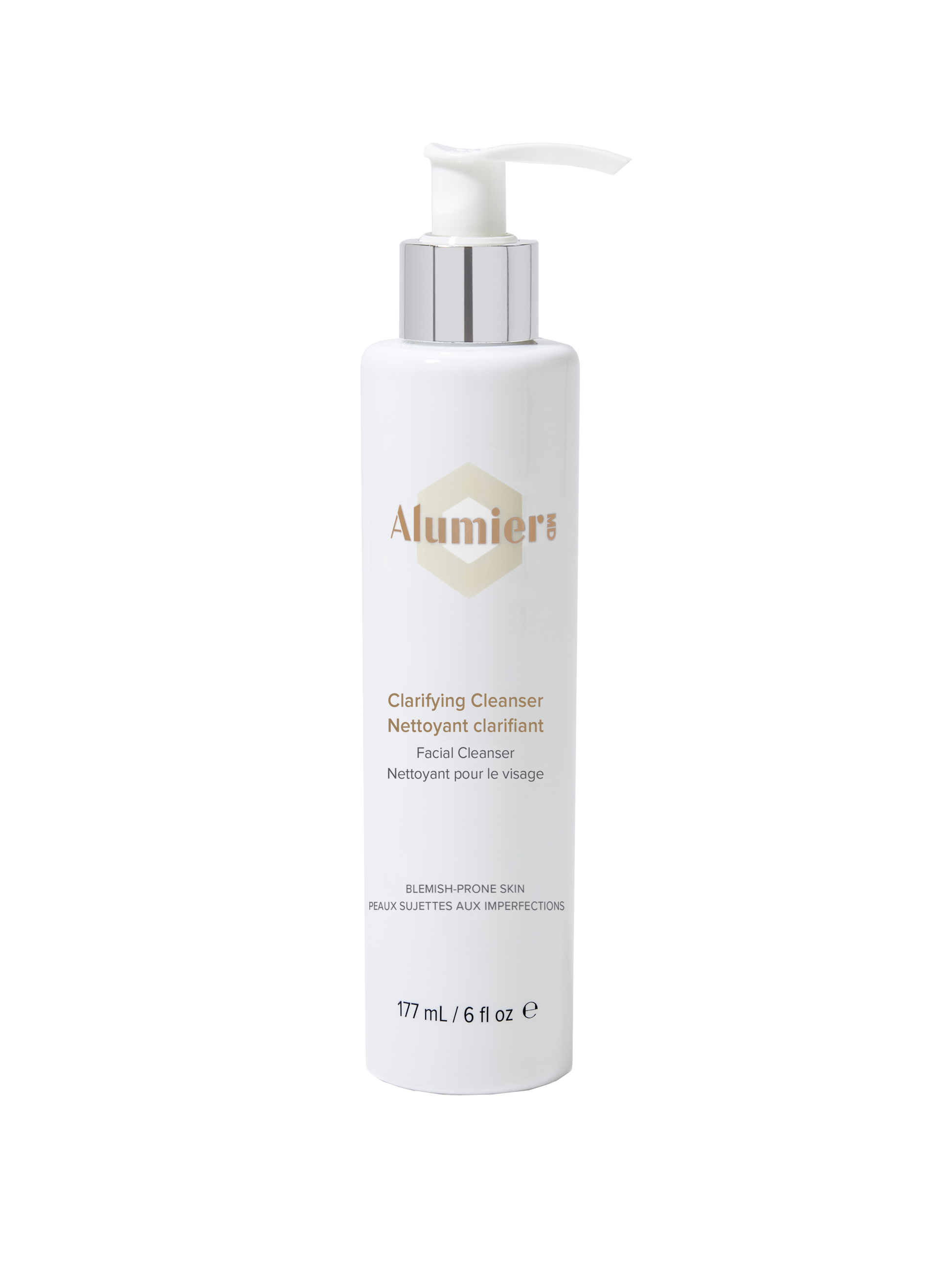 A white bottle with a pump dispenser labeled "AlumierMD Clarifying Cleanser" for blemish-prone skin, containing 177 mL. Context: neutral background.