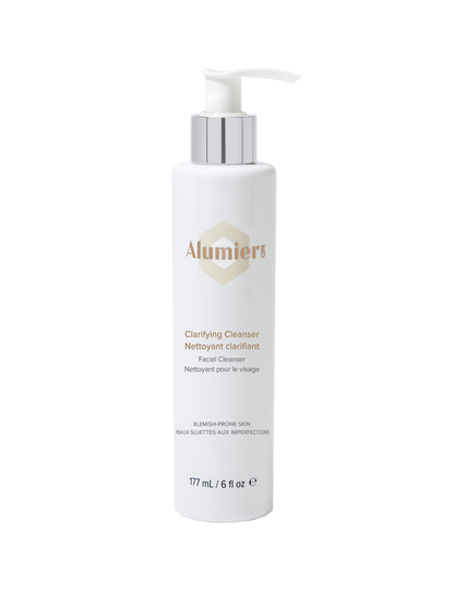 A white bottle with a pump dispenser labeled "AlumierMD Clarifying Cleanser" for blemish-prone skin, containing 177 mL. Context: neutral background.