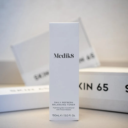 Medik8 Daily Refresh Balancing Toner 150ml in the Box with Skin 65 Branding in the Background