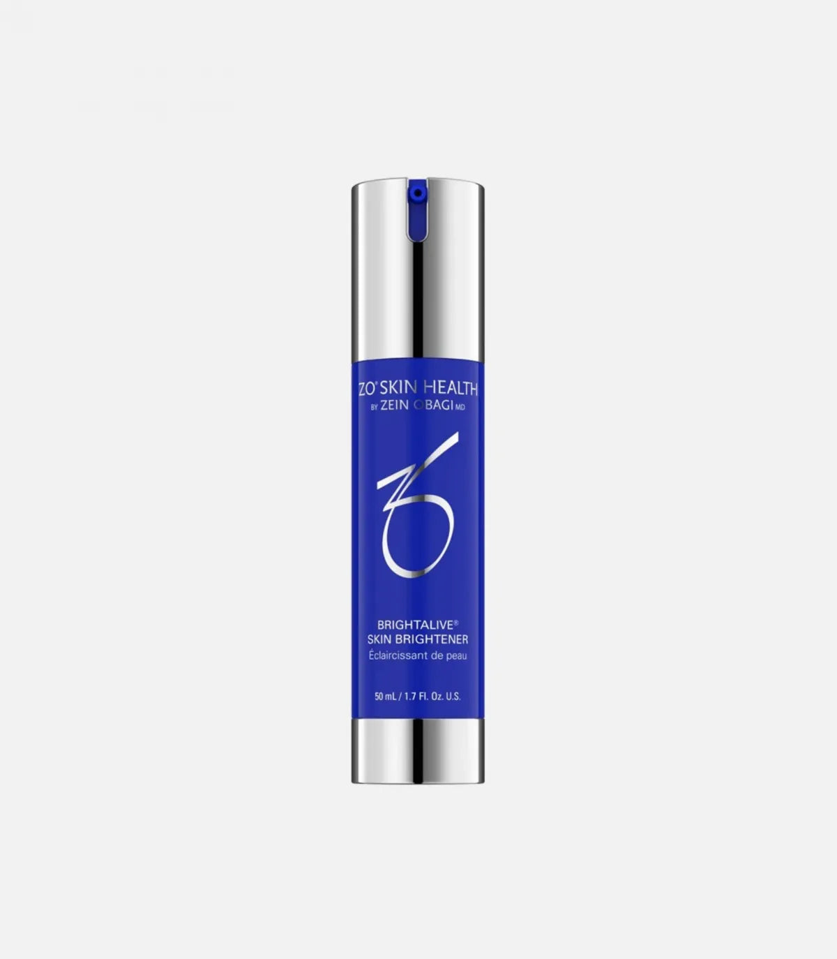 Blue skincare bottle labeled "ZO Skin Health by Zein Obagi MD, Brightalive, Skin Brightener, Éclaircissant de peau, 50 mL / 1.7 FL. Oz. U.S." with silver cap and base, against a plain, light background.