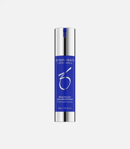 Blue skincare bottle labeled "ZO Skin Health by Zein Obagi MD, Brightalive, Skin Brightener, Éclaircissant de peau, 50 mL / 1.7 FL. Oz. U.S." with silver cap and base, against a plain, light background.