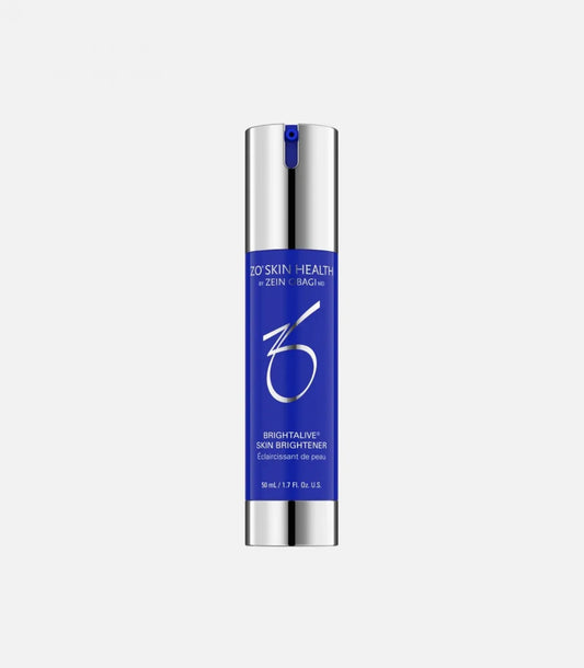 Blue skincare bottle labeled "ZO Skin Health by Zein Obagi MD, Brightalive, Skin Brightener, Éclaircissant de peau, 50 mL / 1.7 FL. Oz. U.S." with silver cap and base, against a plain, light background.