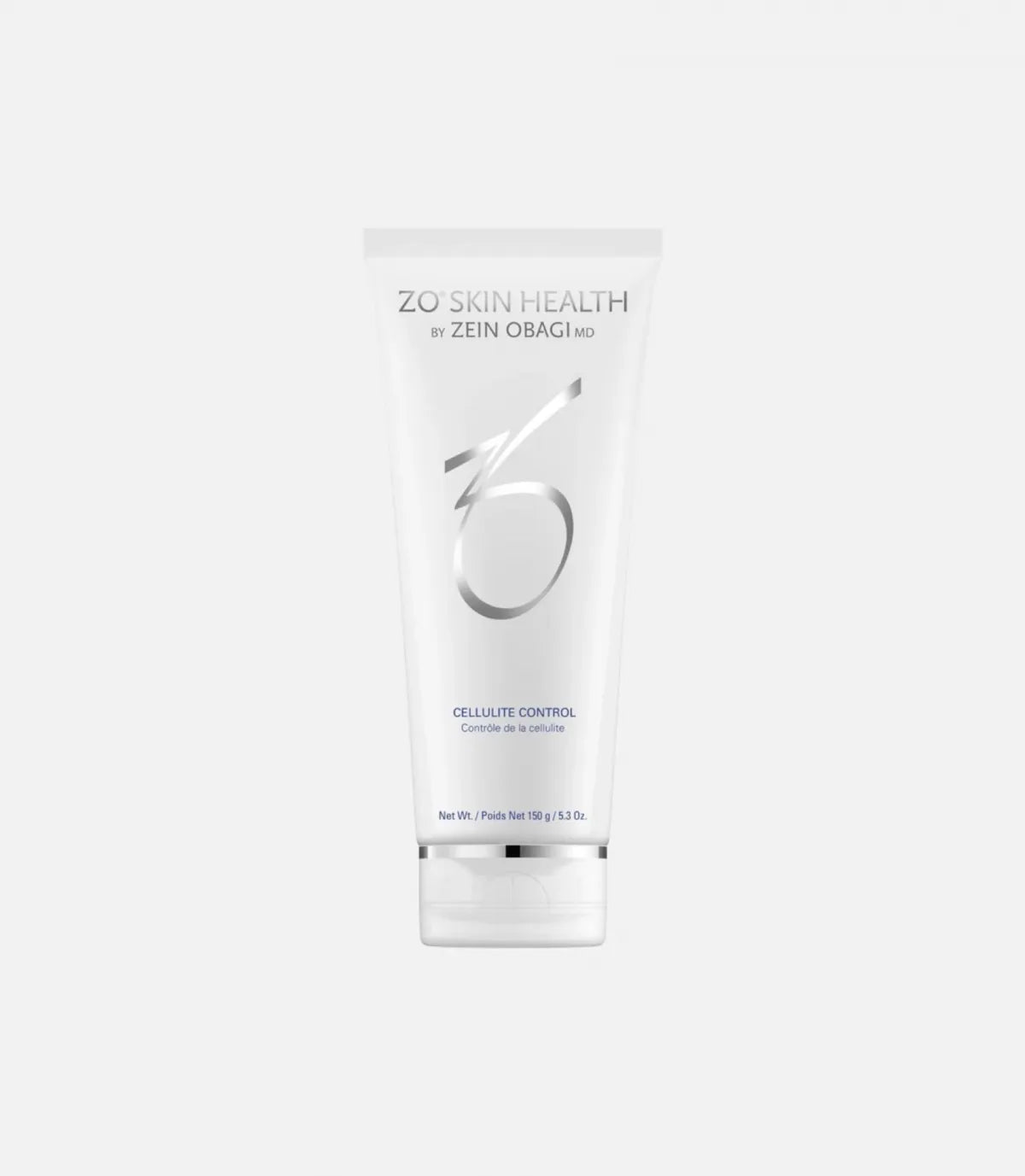 A white tube labeled "ZO® SKIN HEALTH BY ZEIN OBAGI MD" with text, "CELLULITE CONTROL" and "Net Wt. / Poids Net 150 g / 5.3 Oz." against a plain backdrop.