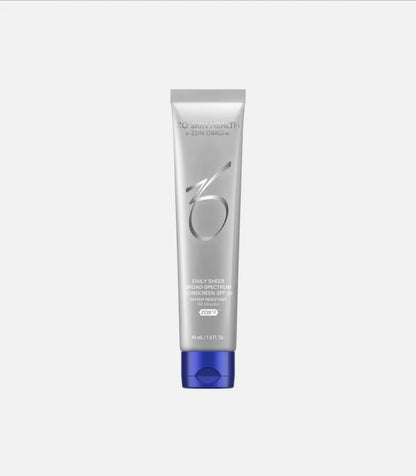 A silver tube labeled "ZO Skin Health" with a blue cap, contains Daily Sheer Broad-Spectrum Sunscreen SPF 50, 45 mL (1.5 fl. oz), placed against a plain white background.
