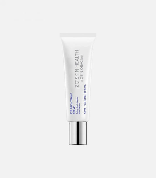 A white tube labeled "ZO Skin Health by Zein Obagi MD" dispenses eye brightening crème with a metallic cap, set against a plain, light background. Other text: "Net Wt. / Poids net: 15 g / 0.5. Oz."