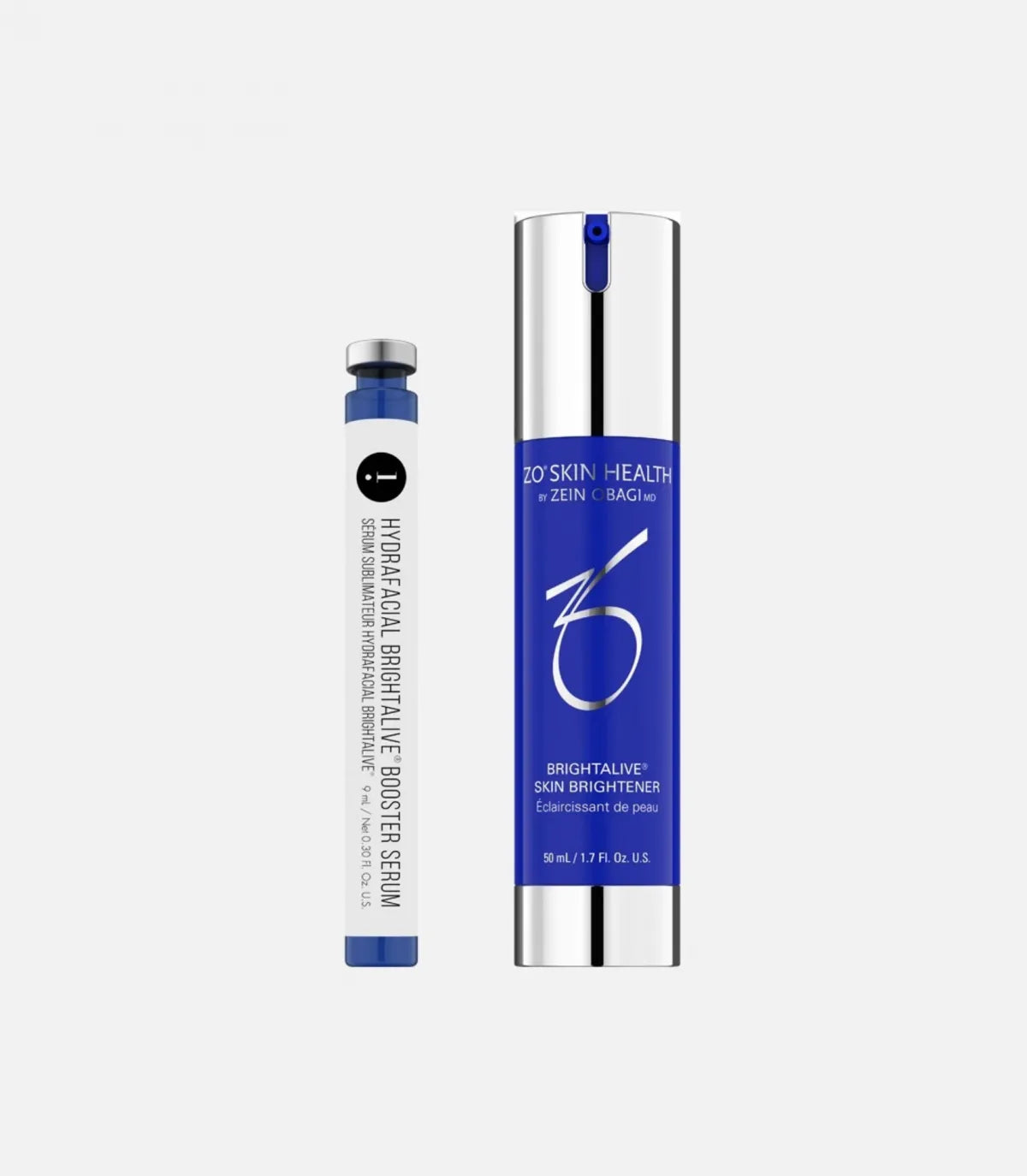 Two blue and silver cylindrical skincare products on a plain background. The smaller item reads: "HYDRAFACIAL BRIGHTALIVE BOOSTER SERUM." The larger item reads: "ZO SKIN HEALTH BRIGHTALIVE SKIN BRIGHTENER."