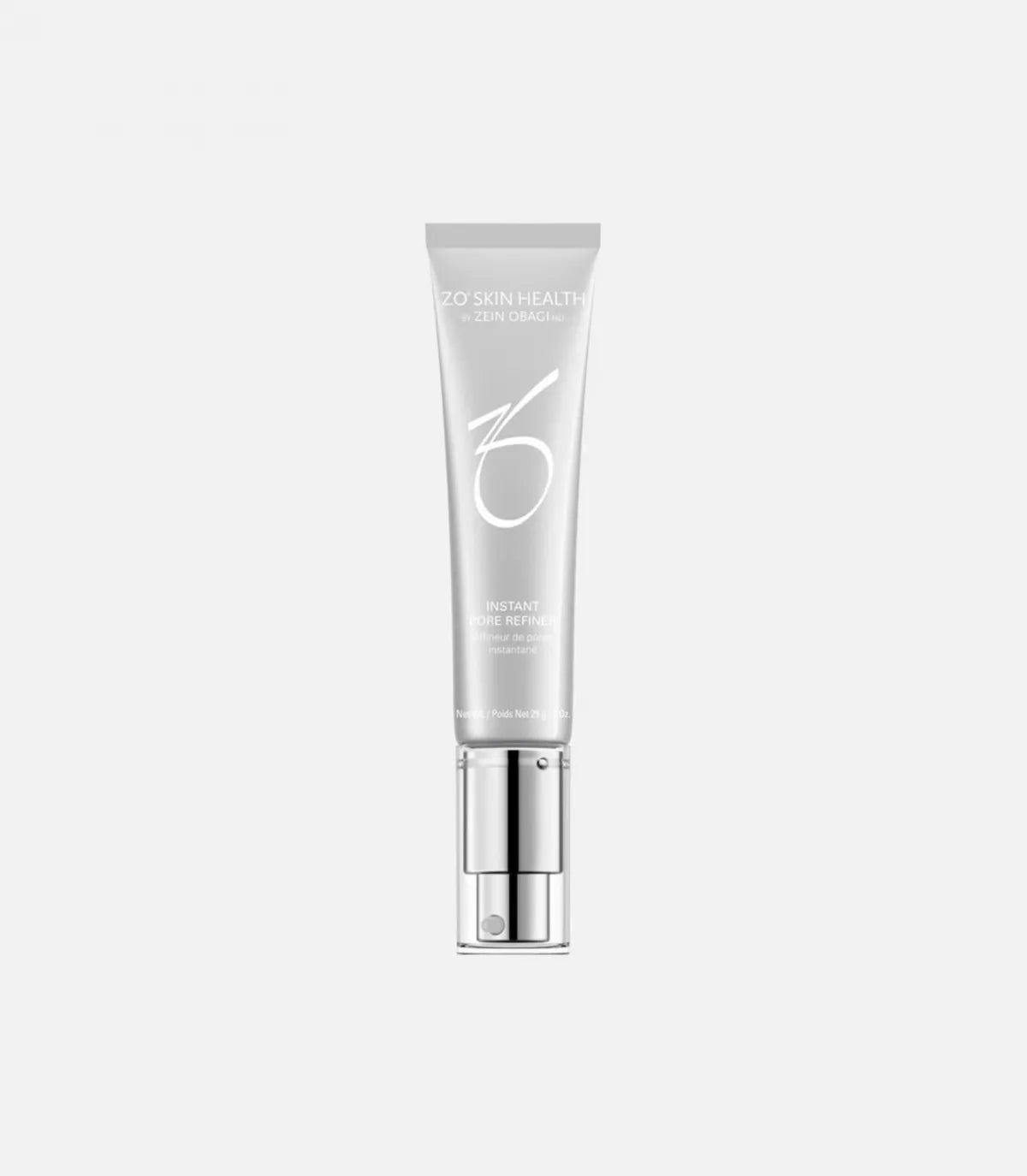 A silver tube labeled "ZO SKIN HEALTH by ZEIN OBAGI MD, INSTANT PORE REFINER" stands upright on a white background. The tube features a pump dispenser at the bottom.