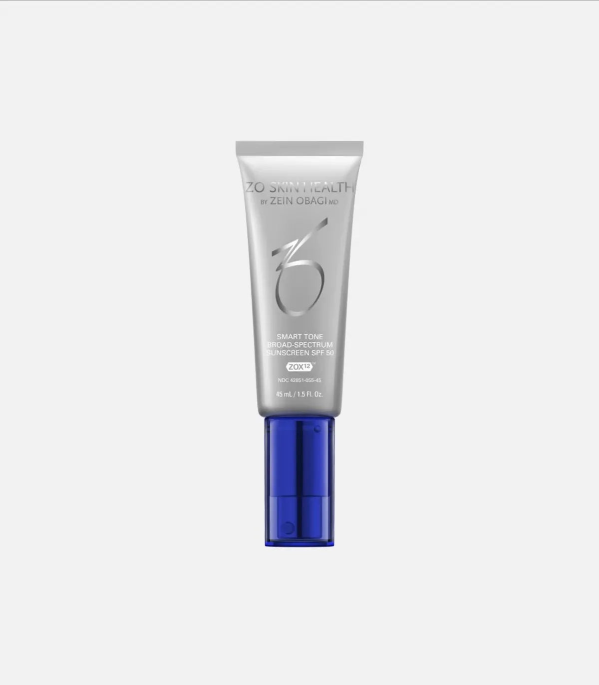 A 45mL silver tube labeled "ZO Skin Health by Zein Obagi MD, Smart Tone Broad-Spectrum Sunscreen SPF 50, Water and Sweat Resistant," with a blue pump at the bottom, on a plain white background.