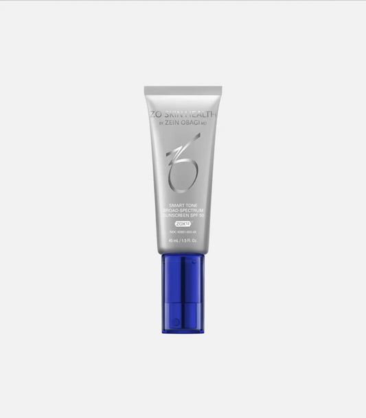 A 45mL silver tube labeled "ZO Skin Health by Zein Obagi MD, Smart Tone Broad-Spectrum Sunscreen SPF 50, Water and Sweat Resistant," with a blue pump at the bottom, on a plain white background.