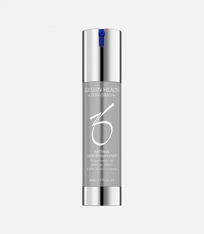 Silver bottle labeled "ZO SKIN HEALTH by ZEIN OBAGI MD Retinol Skin Brightener 0.25% Retinol" against a plain gray background. The bottle has a blue dispenser nozzle on top.