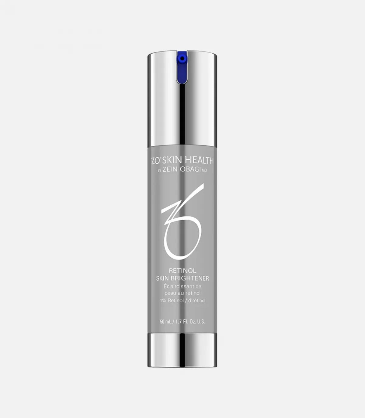 A silver-capped grey bottle with a blue pump, labeled "ZO® SKIN HEALTH by ZEIN OBAGI MD RETINOL SKIN BRIGHTENER 1% Retinol / rétinol" against a plain light grey background.