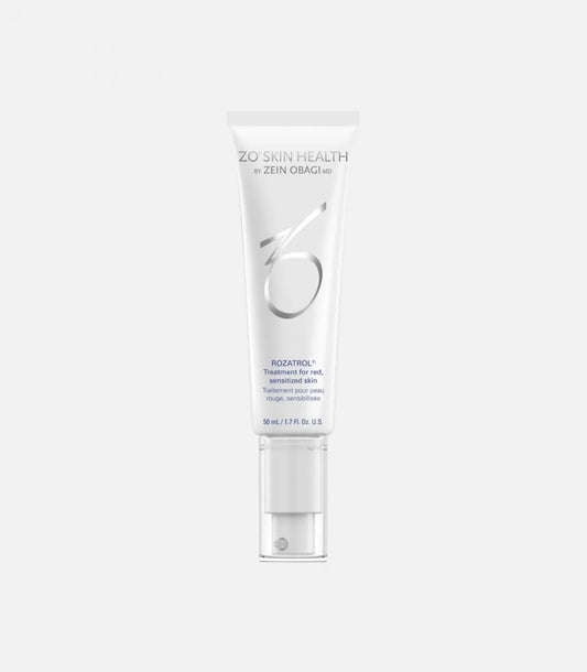 A white tube labeled "ZO SKIN HEALTH by ZEIN OBAGI MD," with text reading "ROZATROL® Treatment for red, sensitized skin," standing upright with a clear cap on a plain background. 50 mL / 1.7 FL. OZ. U.S.