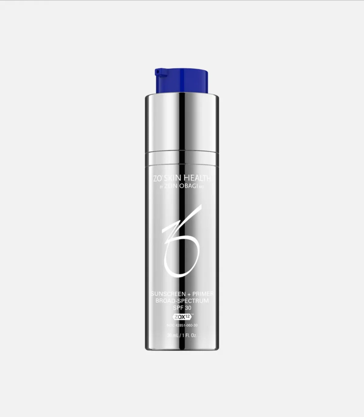 A silver cylindrical bottle with a blue pump top labeled "ZO SKIN HEALTH by ZEIN OBAGI, MD. SUNSCREEN + PRIMER BROAD-SPECTRUM SPF 30. 30 mL / 1 FL. OZ." against a plain, light-gray background.