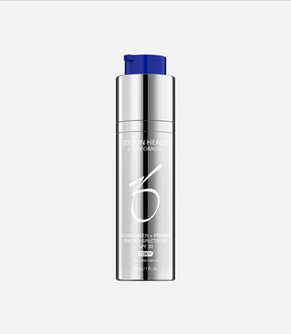 A silver cylindrical bottle with a blue pump top labeled "ZO SKIN HEALTH by ZEIN OBAGI, MD. SUNSCREEN + PRIMER BROAD-SPECTRUM SPF 30. 30 mL / 1 FL. OZ." against a plain, light-gray background.