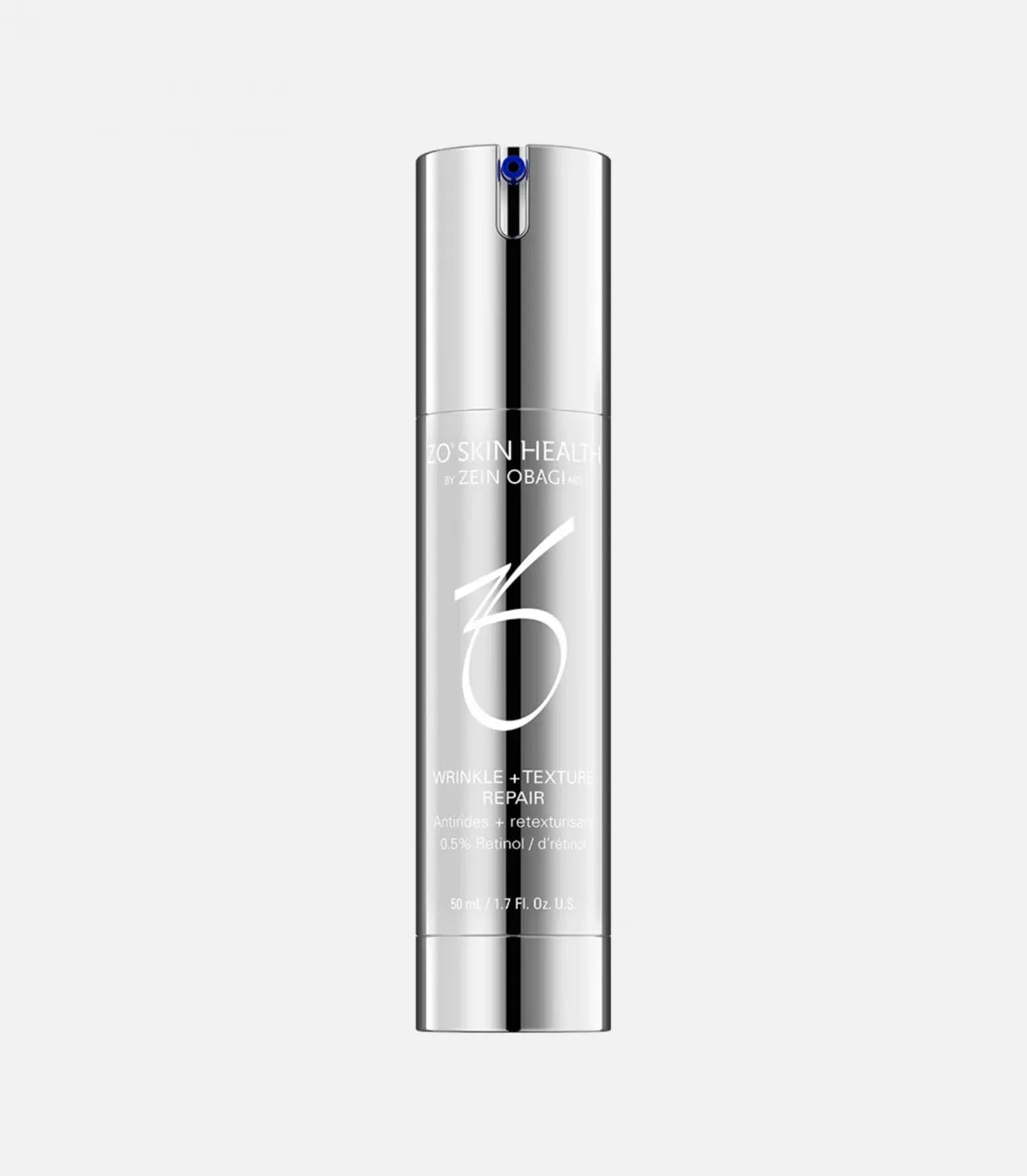 Silver cylindrical bottle with a blue-tipped dispenser, featuring the text "ZO SKIN HEALTH by ZEIN OBAGI MD, WRINKLE + TEXTURE REPAIR, AMÉLIORE + RETEXTURE, 0.5% Retinol, 50mL / 1.7 Fl. Oz." against a plain background.