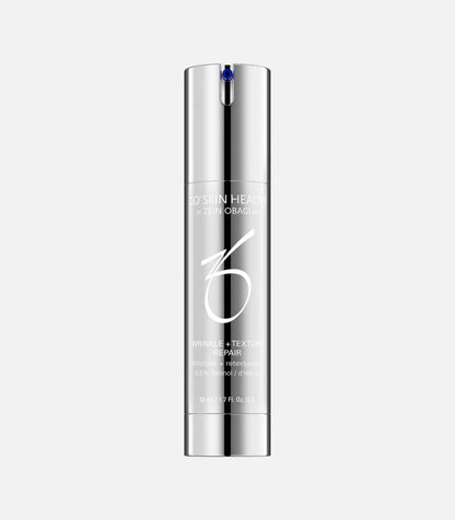 Silver cylindrical bottle with a blue-tipped dispenser, featuring the text "ZO SKIN HEALTH by ZEIN OBAGI MD, WRINKLE + TEXTURE REPAIR, AMÉLIORE + RETEXTURE, 0.5% Retinol, 50mL / 1.7 Fl. Oz." against a plain background.