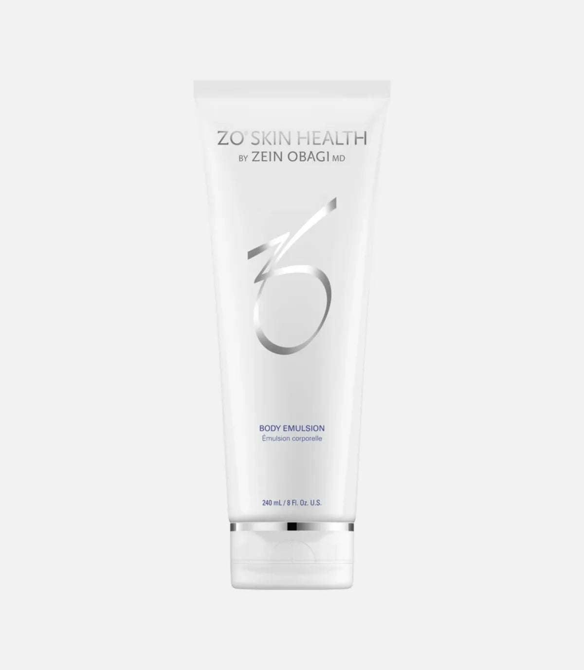 White cylindrical tube labeled "ZO Skin Health by Zein Obagi MD", displaying a stylish silver logo, "Body Emulsion" text below, with a white cap, against a plain background.