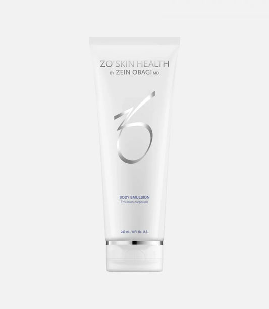 White cylindrical tube labeled "ZO Skin Health by Zein Obagi MD", displaying a stylish silver logo, "Body Emulsion" text below, with a white cap, against a plain background.