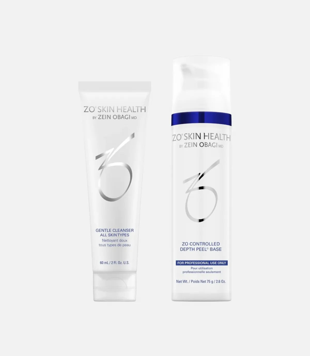 Two skincare product tubes by ZO Skin Health are placed side by side against a plain background. The left tube is labeled "Gentle Cleanser All Skin Types," and the right bottle reads "ZO Controlled Depth Peel Base."