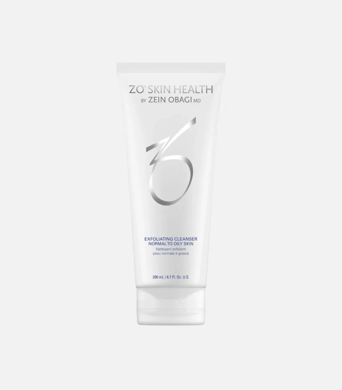 A white tube labeled "ZO SKIN HEALTH by ZEIN OBAGI MD" contains exfoliating cleanser for normal to oily skin. It is placed against a plain, light background.