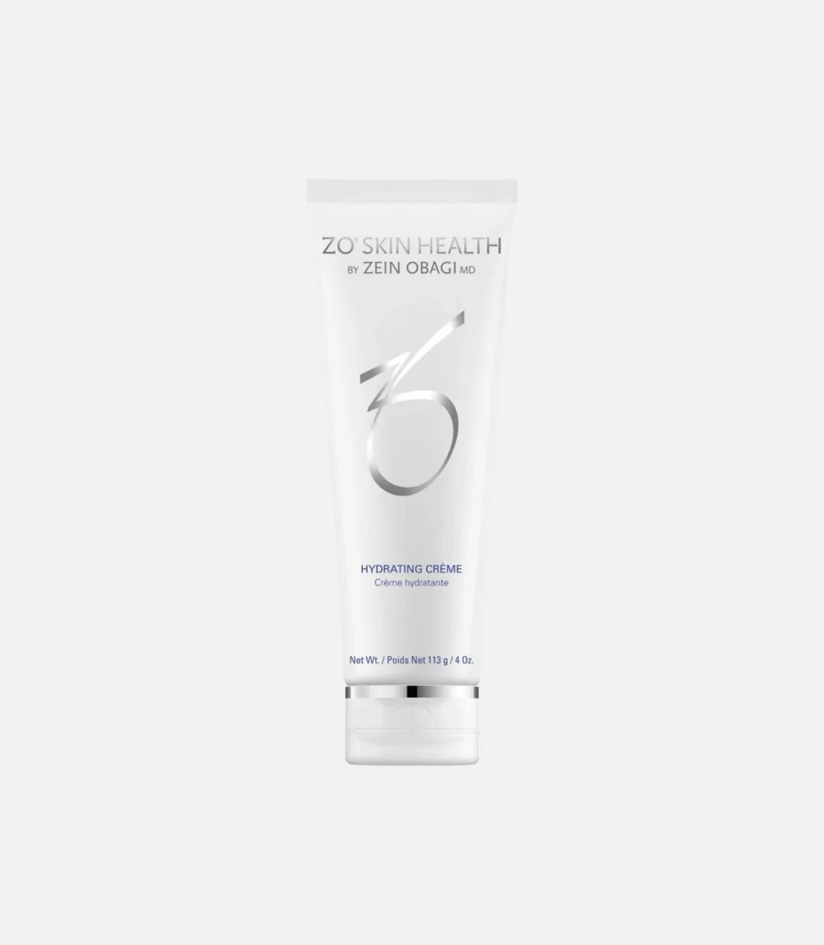 A white tube labeled "ZO Skin Health by Zein Obagi MD, Hydrating Crème" sits upright against a light grey background. The tube also indicates "Net Wt. / Poids Net 113g / 4 Oz."