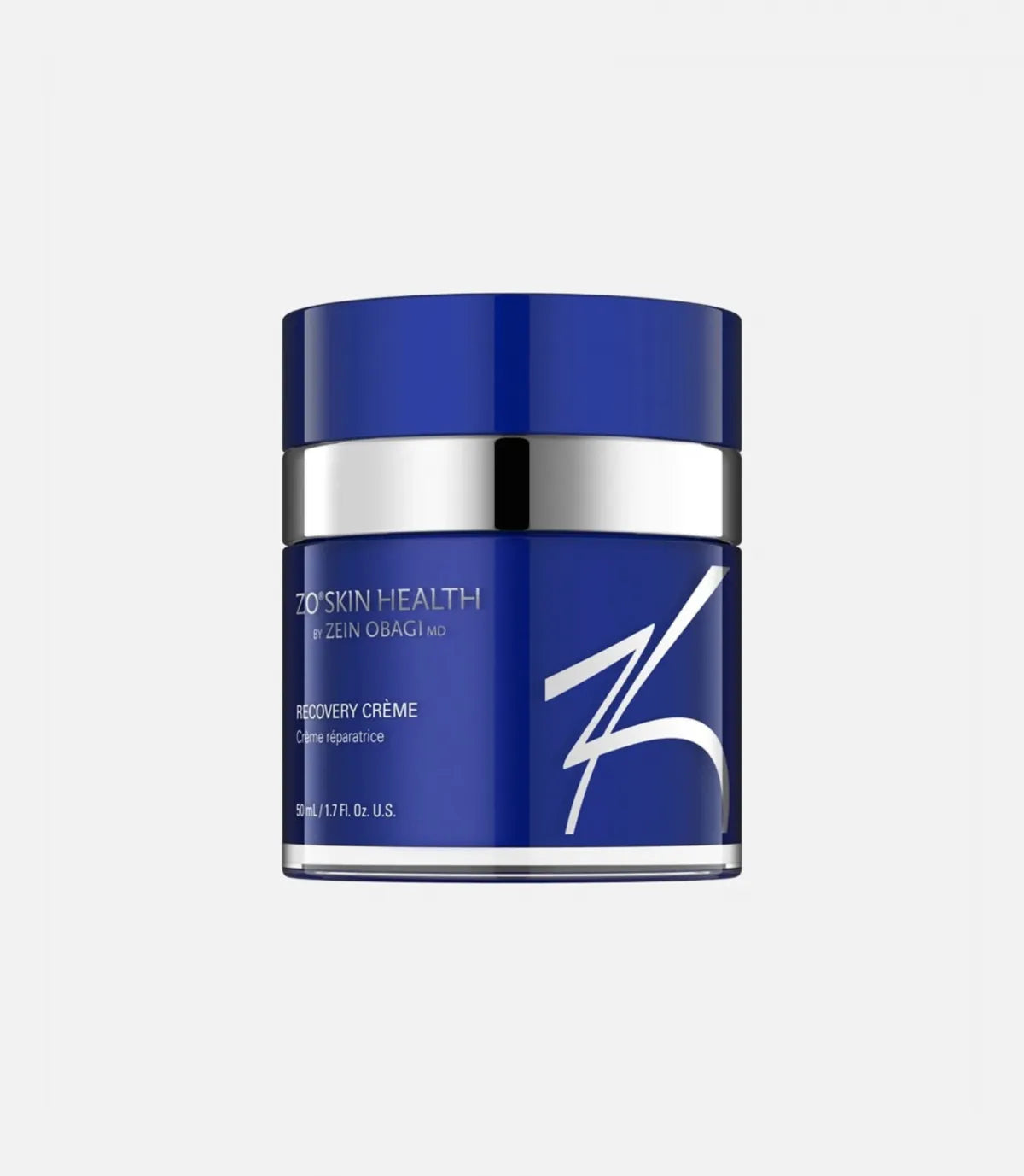 Blue jar of "ZO Skin Health, by Zein Obagi, MD, Recovery Crème, 50 mL / 1.7 Fl. Oz. U.S." with silver band, white text, and abstract design on a plain white background.