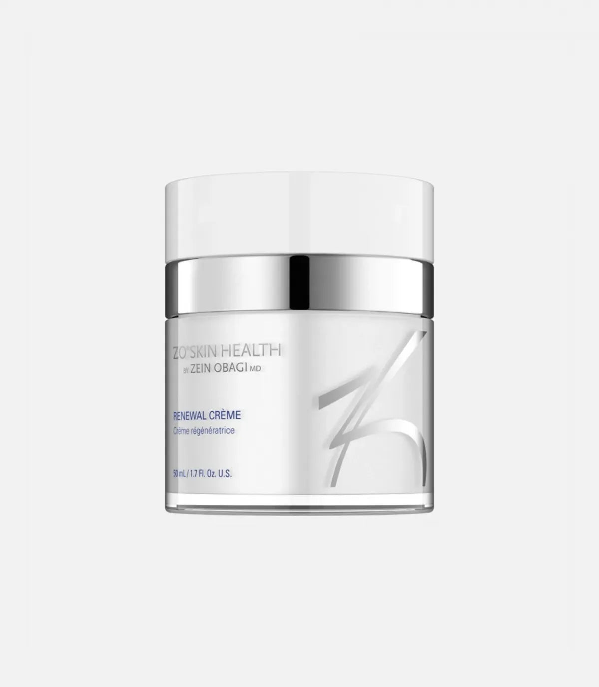 A white jar with a shiny silver lid labeled “ZO SKIN HEALTH by ZEIN OBAGI MD - RENEWAL CRÈME” sits against a plain light background.