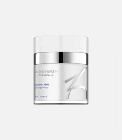 A white jar with a shiny silver lid labeled “ZO SKIN HEALTH by ZEIN OBAGI MD - RENEWAL CRÈME” sits against a plain light background.