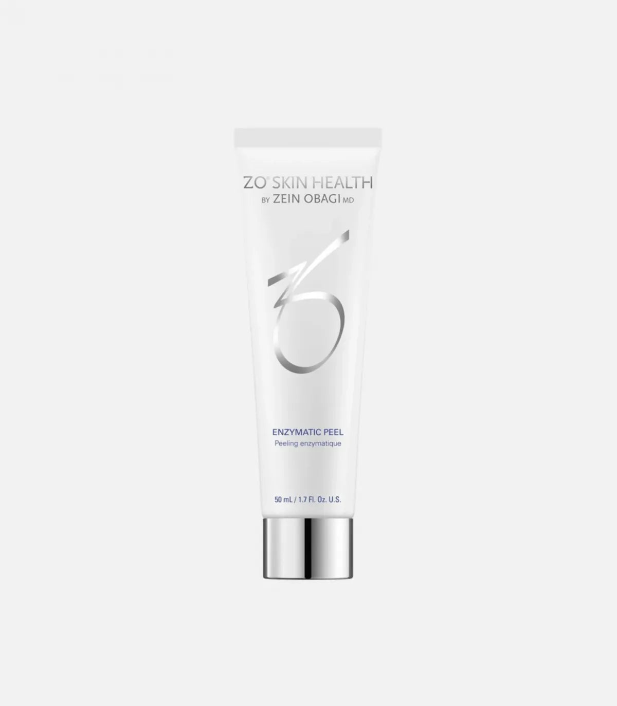 White tube of ZO Skin Health Enzymatic Peel by Zein Obagi MD with silver cap stands upright against a plain background. Text on tube: "ZO® SKIN HEALTH BY ZEIN OBAGI MD, ENZYMATIC PEEL, 50 mL / 1.7 Fl. Oz. U.S."