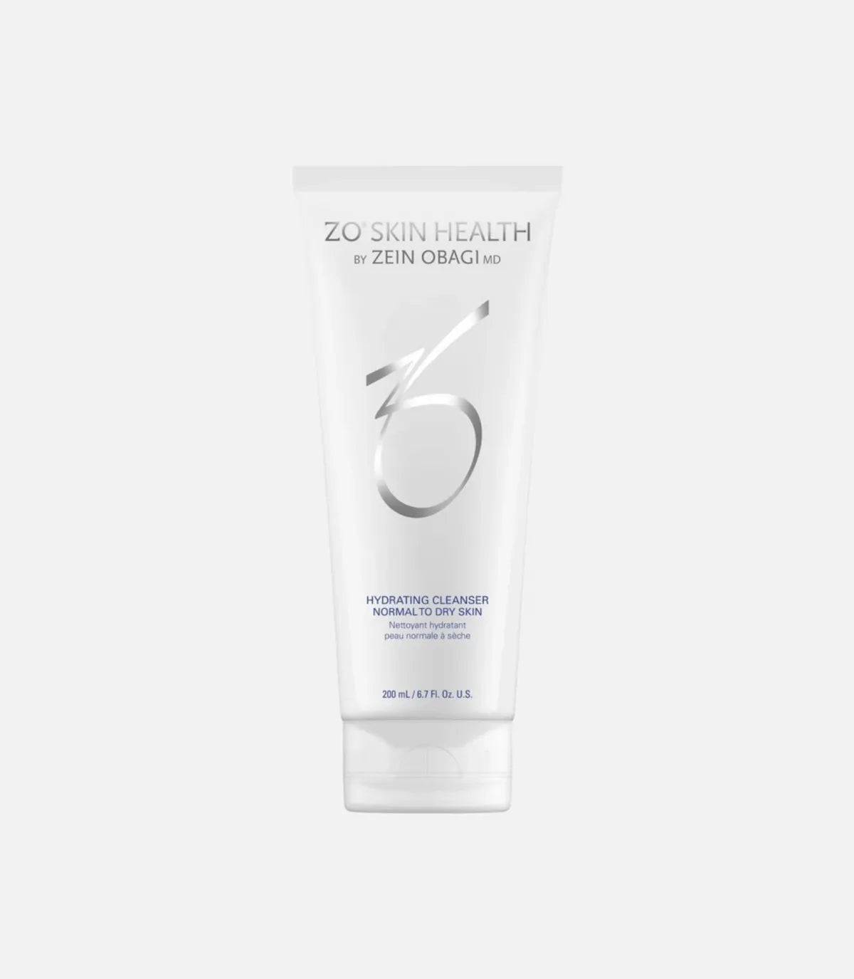 A white tube labeled "ZO SKIN HEALTH BY ZEIN OBAGI MD, HYDRATING CLEANSER, NORMAL TO DRY SKIN, 200 mL / 6.7 FL. OZ." against a plain light gray background.