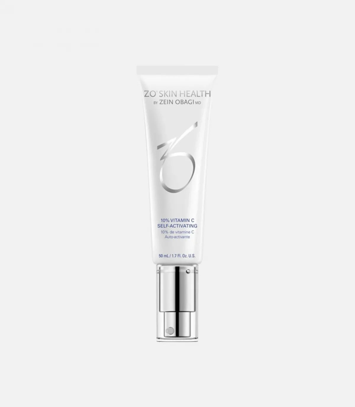 A white tube labeled "ZO SKIN HEALTH by ZEIN OBAGI MD" and "10% VITAMIN C SELF-ACTIVATING" with a silver dispensing pump, standing upright against a plain light grey background.