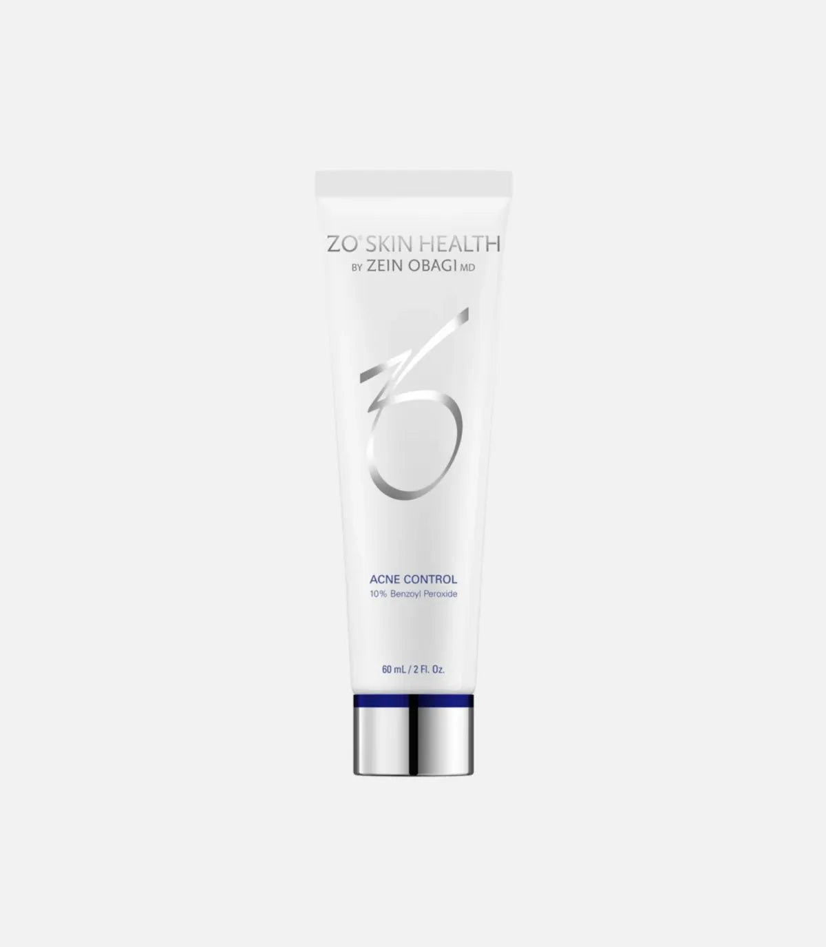 A white tube labeled "ZO Skin Health by Zein Obagi MD Acne Control, 10% Benzoyl Peroxide, 60 mL / 2 FL Oz." stands upright against a plain light gray background.