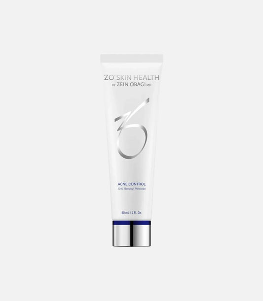 A white tube labeled "ZO Skin Health by Zein Obagi MD Acne Control, 10% Benzoyl Peroxide, 60 mL / 2 FL Oz." stands upright against a plain light gray background.