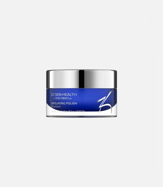 A blue and silver jar labeled "ZO Skin Health by Zein Obagi MD Exfoliating Polish" sits on a plain white background.